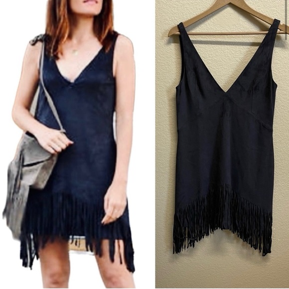 💥2/$20💥 ZARA Trafaluc Fringe Dress S Black Suede EUC - Picture 11 of 11